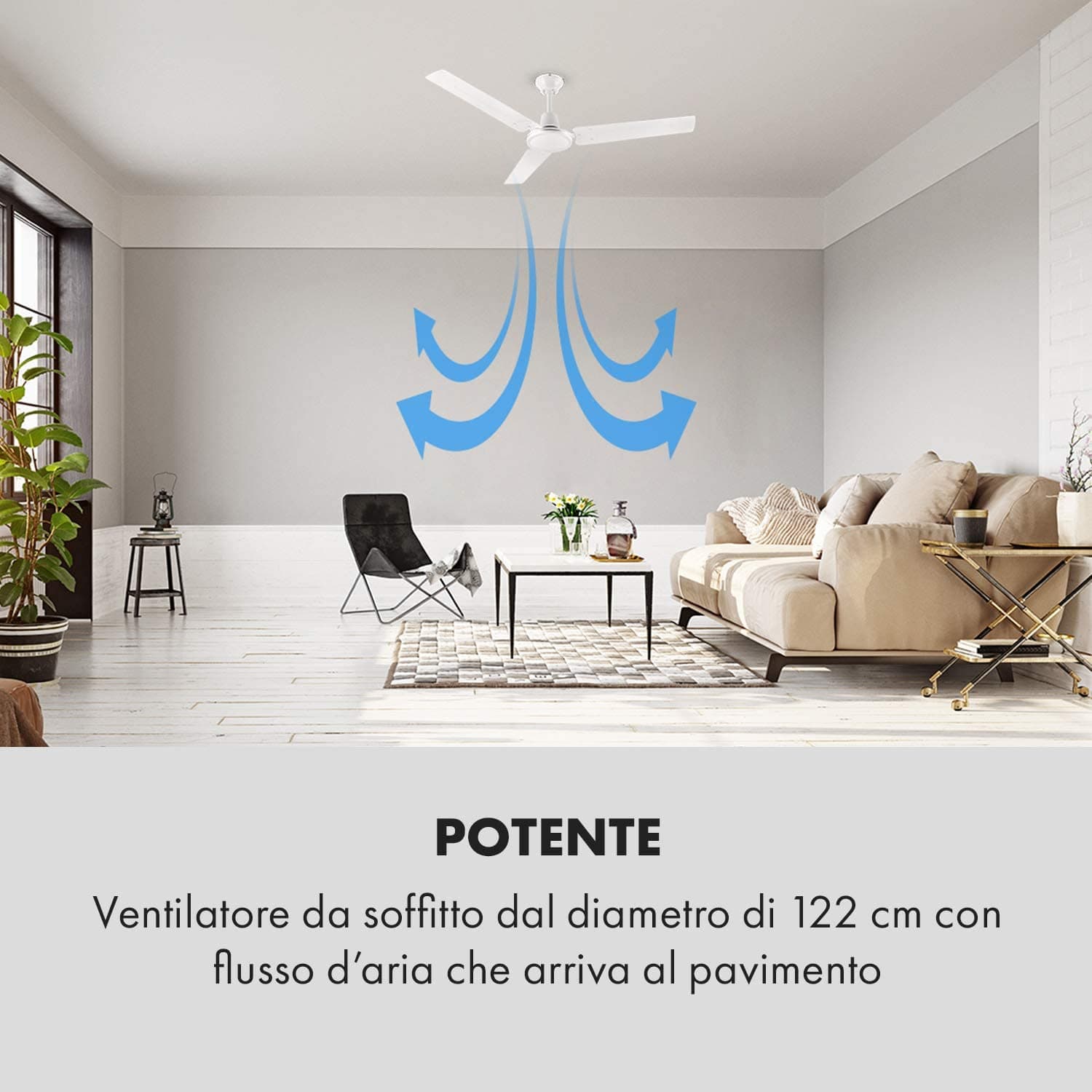 Ventilatore a soffitto con 3 pale in metallo ed interruttore da muro Ø 140 cm in Ventilatori da soffitto Decor Space - Altamura, commercioVirtuoso.it