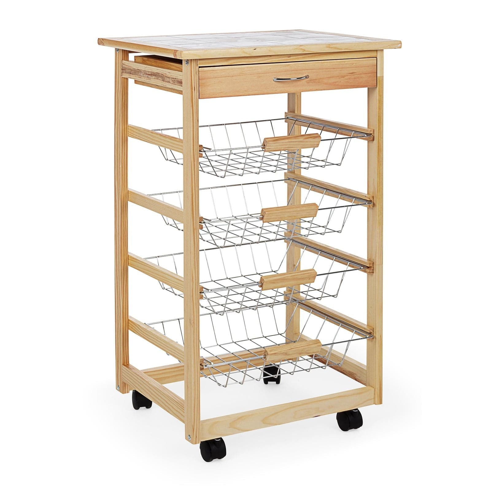 Carrello con ruote da cucina in Legno con 1 cassetto e 4 ceste portafrutta in metallo, porta pane e tagliere in Carrelli portafrutta Decor Space - Altamura, commercioVirtuoso.it