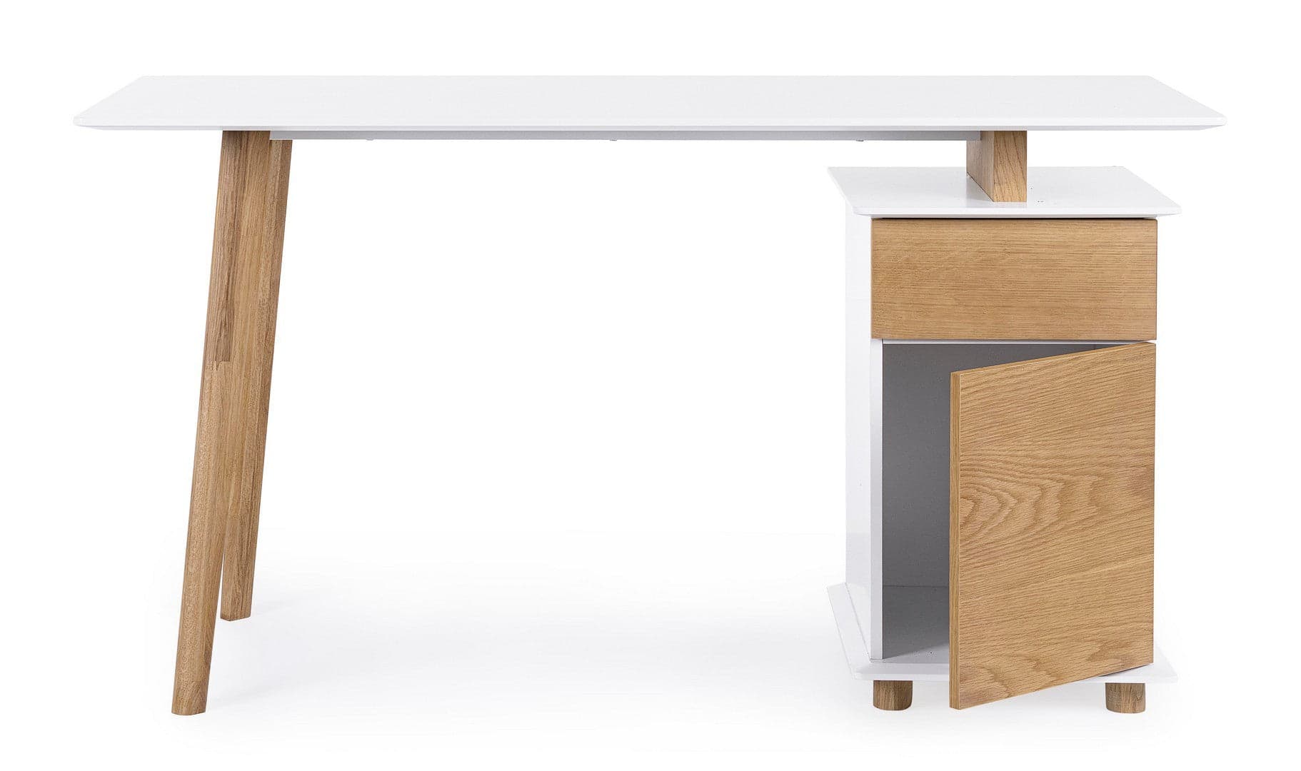 Scrivania "Montreal" con cassettiera bianca e legno, gambe in pino, piano in MDF, 140 x 60 cm in Postazioni di lavoro per computer Decor Space - Altamura, commercioVirtuoso.it
