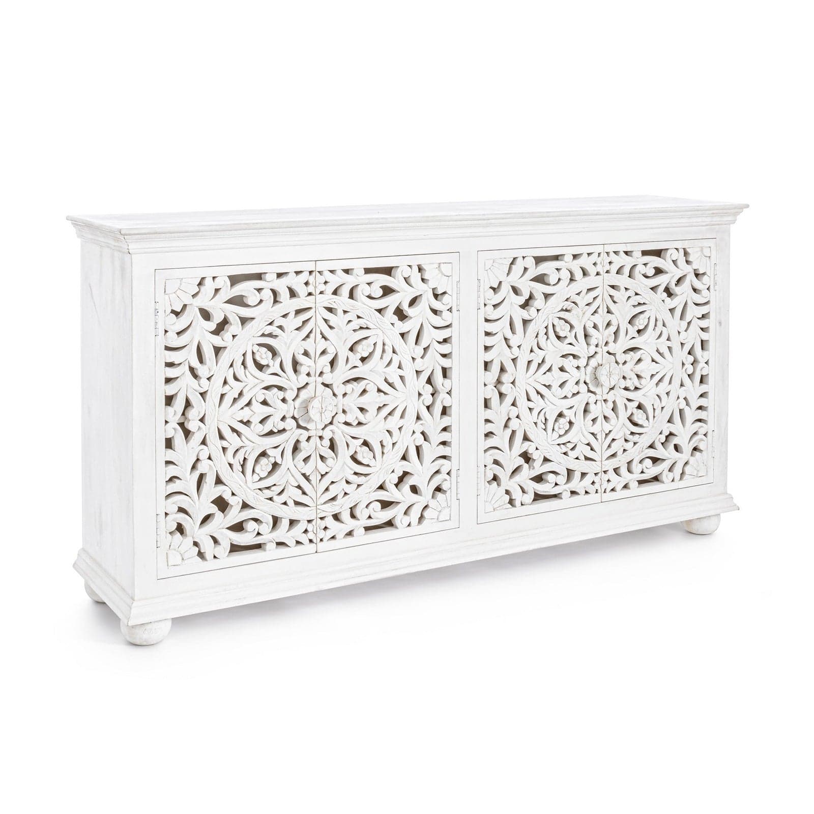 Credenza "Alinta" bianca, struttura in legno di mango, con ante intarsiate a mano, stile fusion - 2