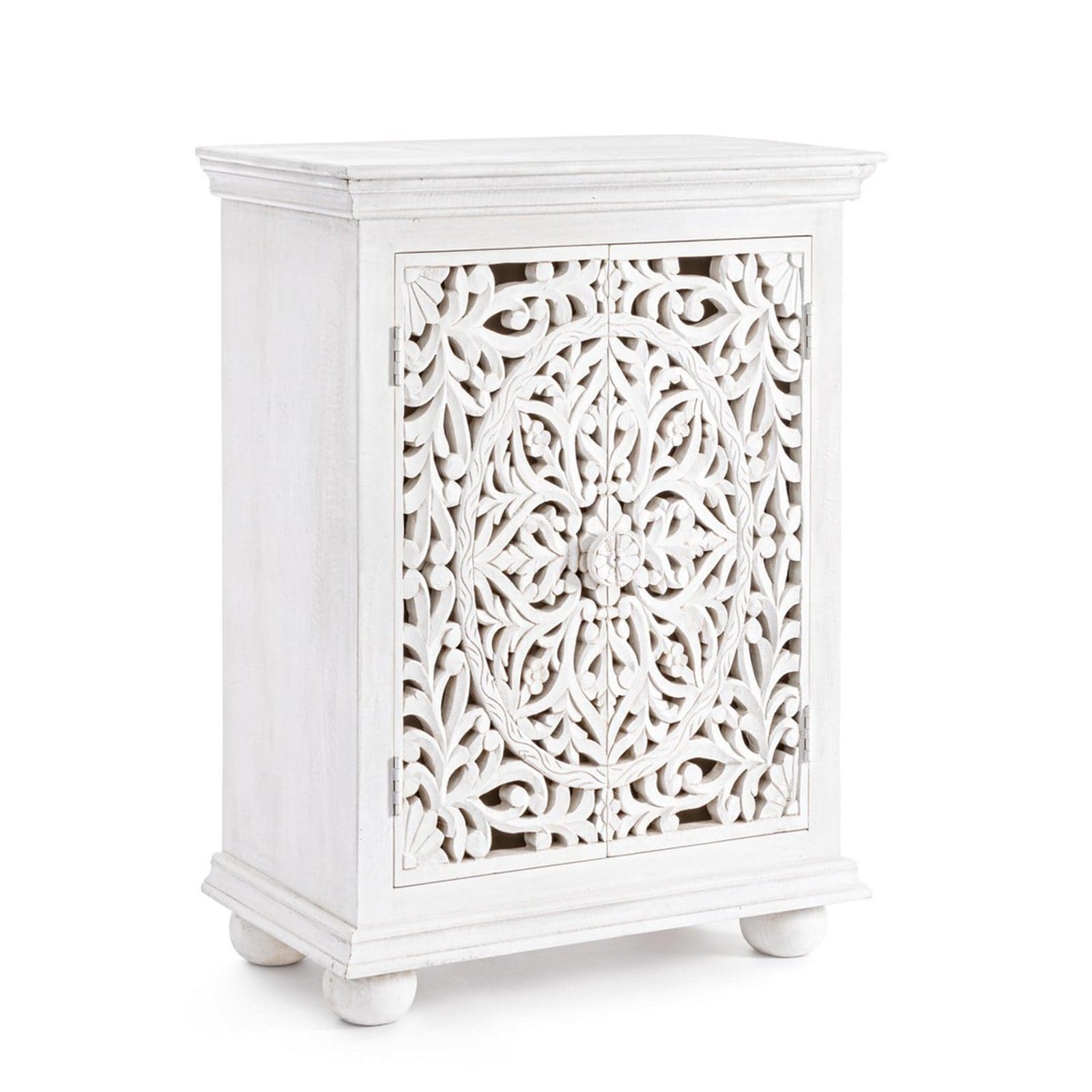 Credenza "Alinta" bianca, struttura in legno di mango, con ante intarsiate a mano, stile fusion - 3