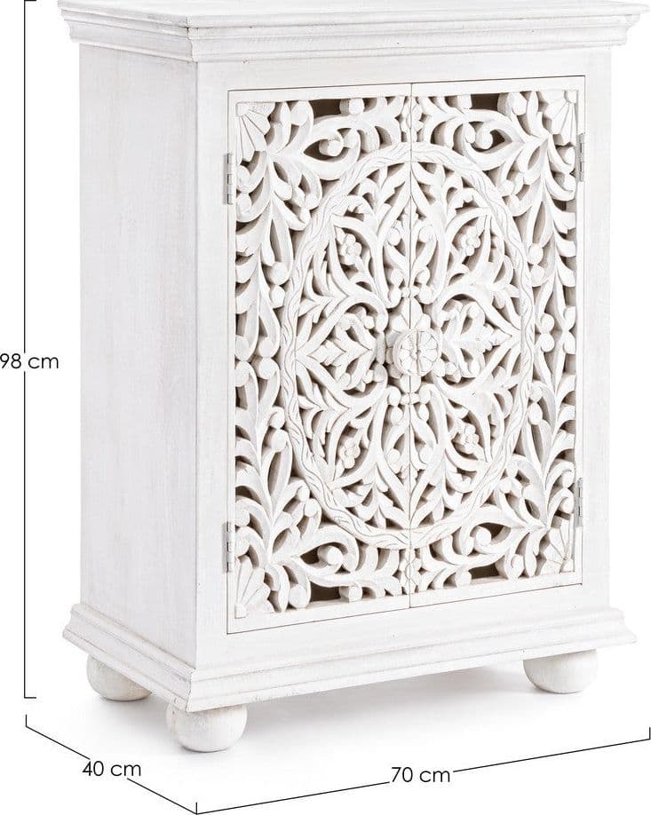Credenza "Alinta" bianca, struttura in legno di mango, con ante intarsiate a mano, stile fusion - 2