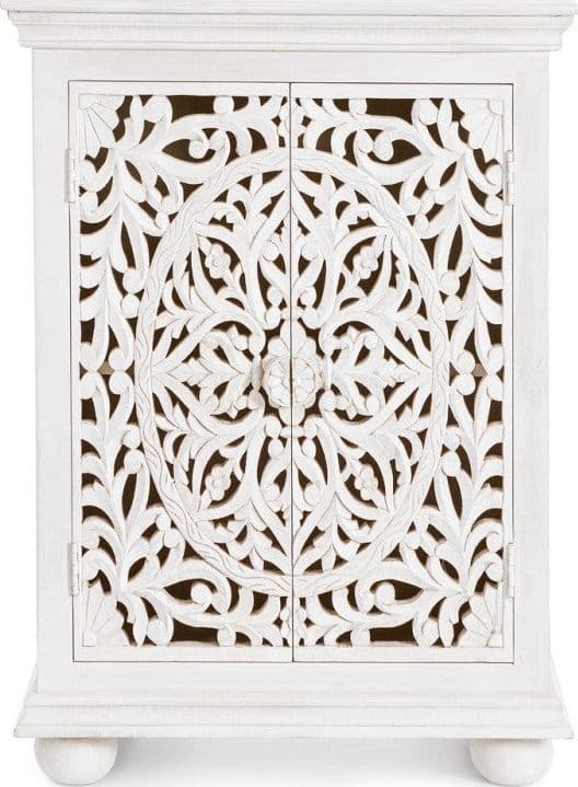 Credenza "Alinta" bianca, struttura in legno di mango, con ante intarsiate a mano, stile fusion - 11