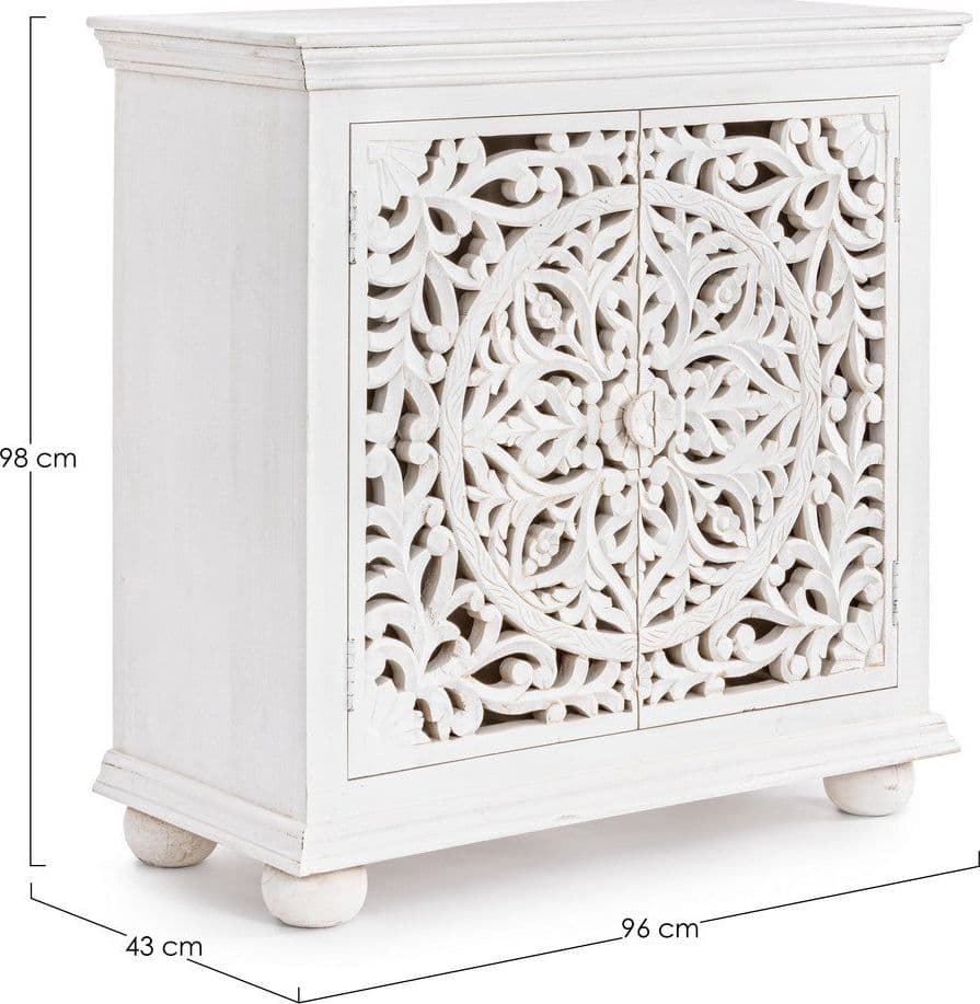 Credenza "Alinta" bianca, struttura in legno di mango, con ante intarsiate a mano, stile fusion - 13