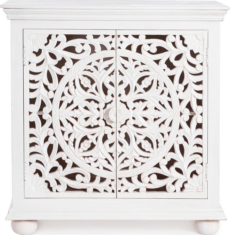Credenza "Alinta" bianca, struttura in legno di mango, con ante intarsiate a mano, stile fusion - 14