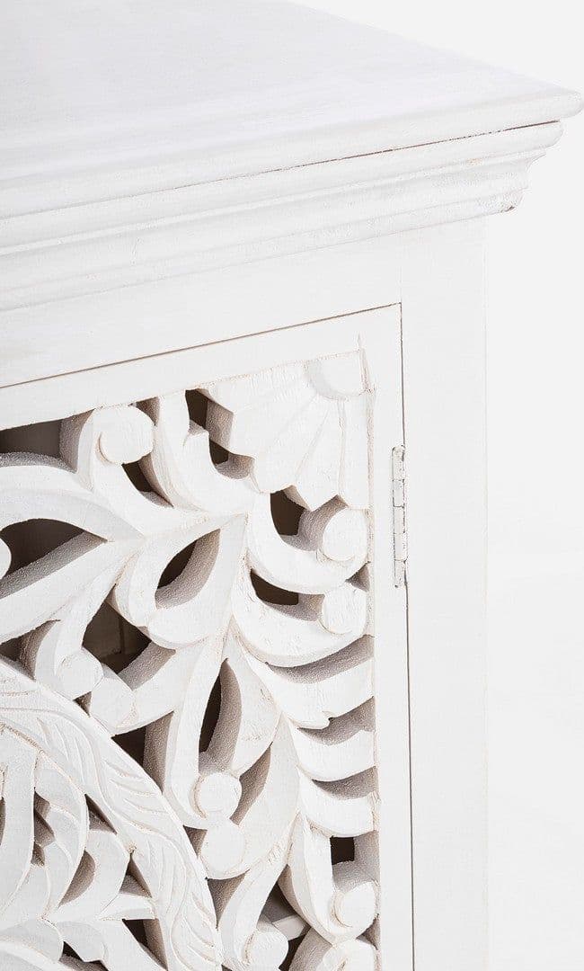 Credenza "Alinta" bianca, struttura in legno di mango, con ante intarsiate a mano, stile fusion - 17