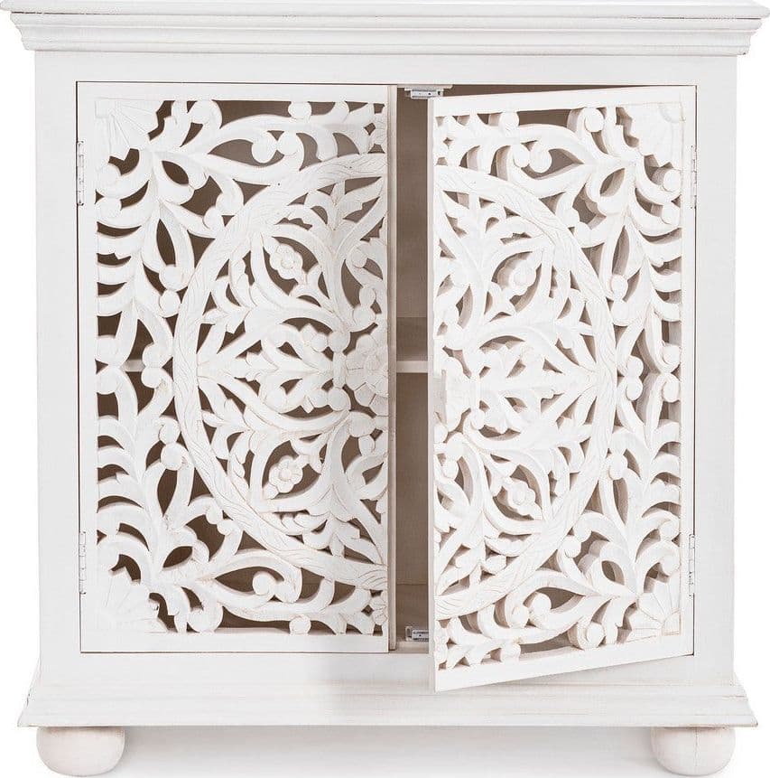 Credenza "Alinta" bianca, struttura in legno di mango, con ante intarsiate a mano, stile fusion - 19