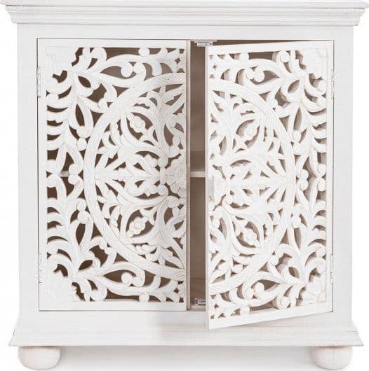 Credenza "Alinta" bianca, struttura in legno di mango, con ante intarsiate a mano, stile fusion - 20