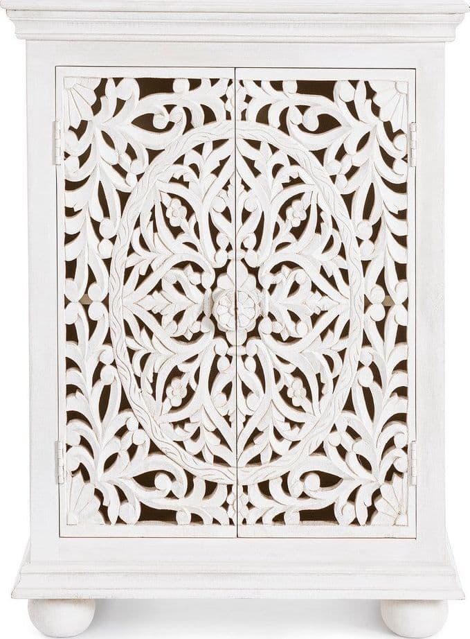 Credenza "Alinta" bianca, struttura in legno di mango, con ante intarsiate a mano, stile fusion - 3