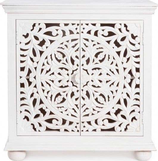 Credenza "Alinta" bianca, struttura in legno di mango, con ante intarsiate a mano, stile fusion - 21