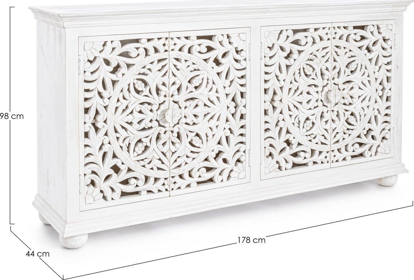 Credenza "Alinta" bianca, struttura in legno di mango, con ante intarsiate a mano, stile fusion - 23