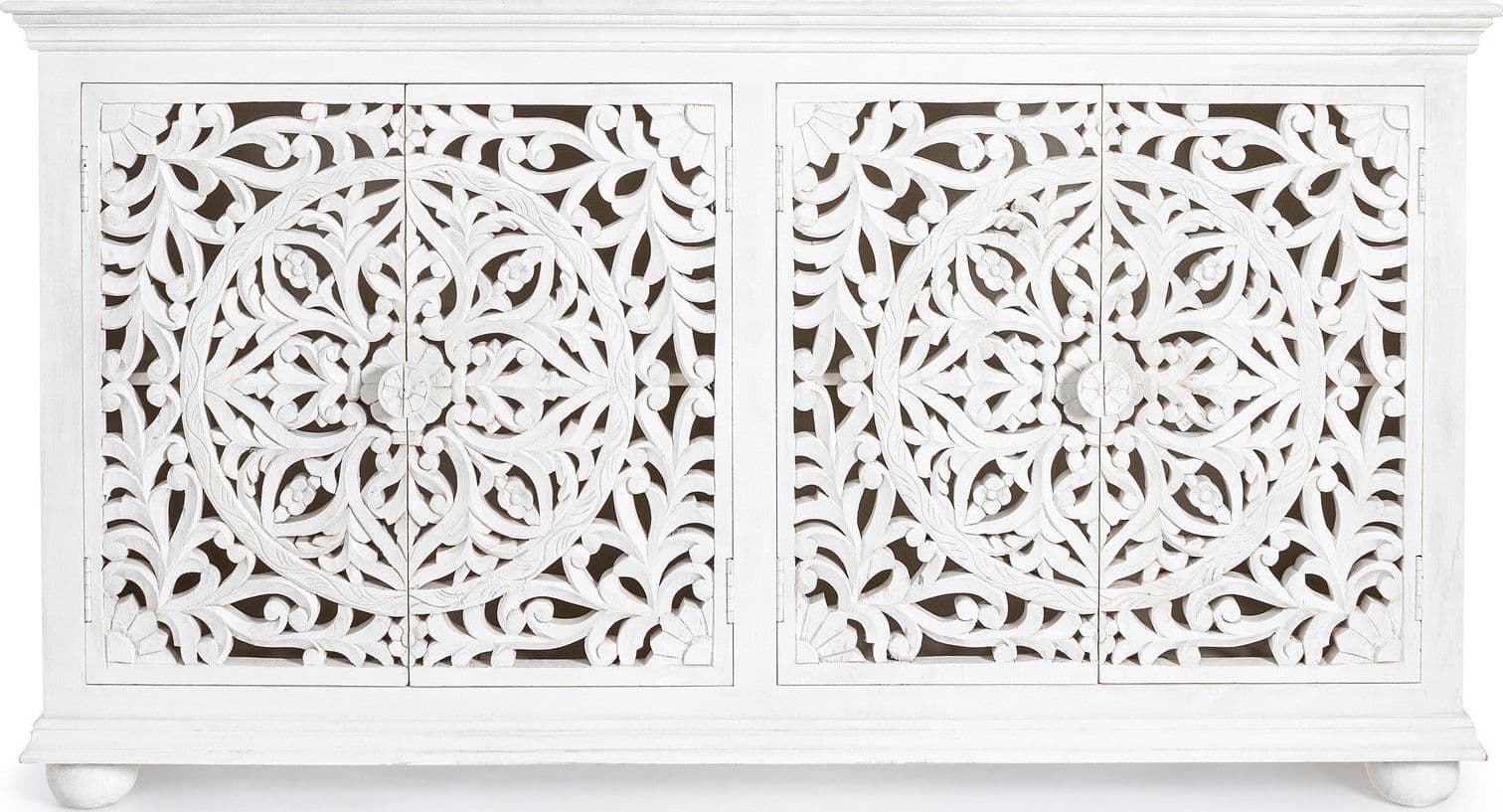 Credenza "Alinta" bianca, struttura in legno di mango, con ante intarsiate a mano, stile fusion - 24
