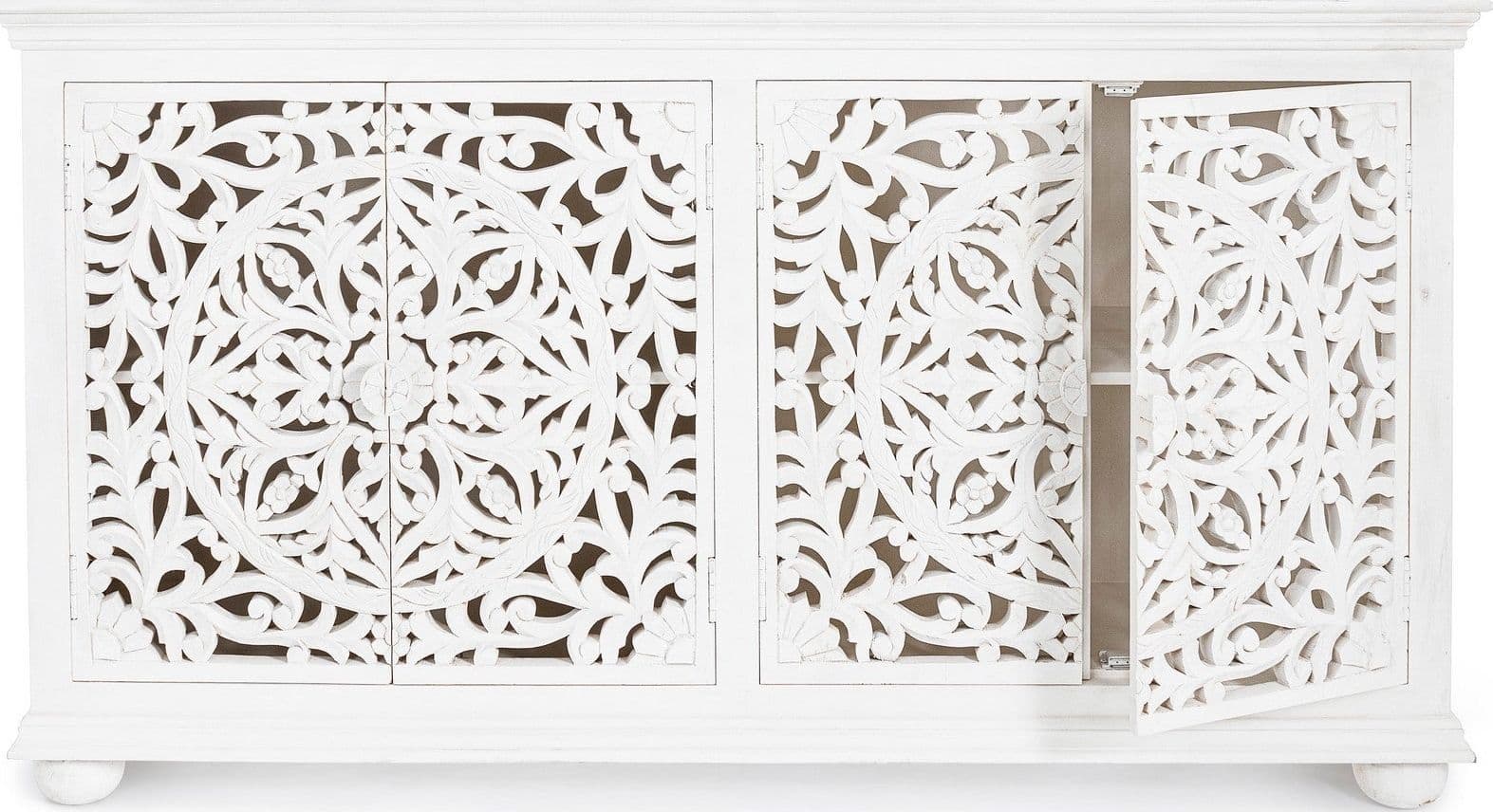 Credenza "Alinta" bianca, struttura in legno di mango, con ante intarsiate a mano, stile fusion - 31