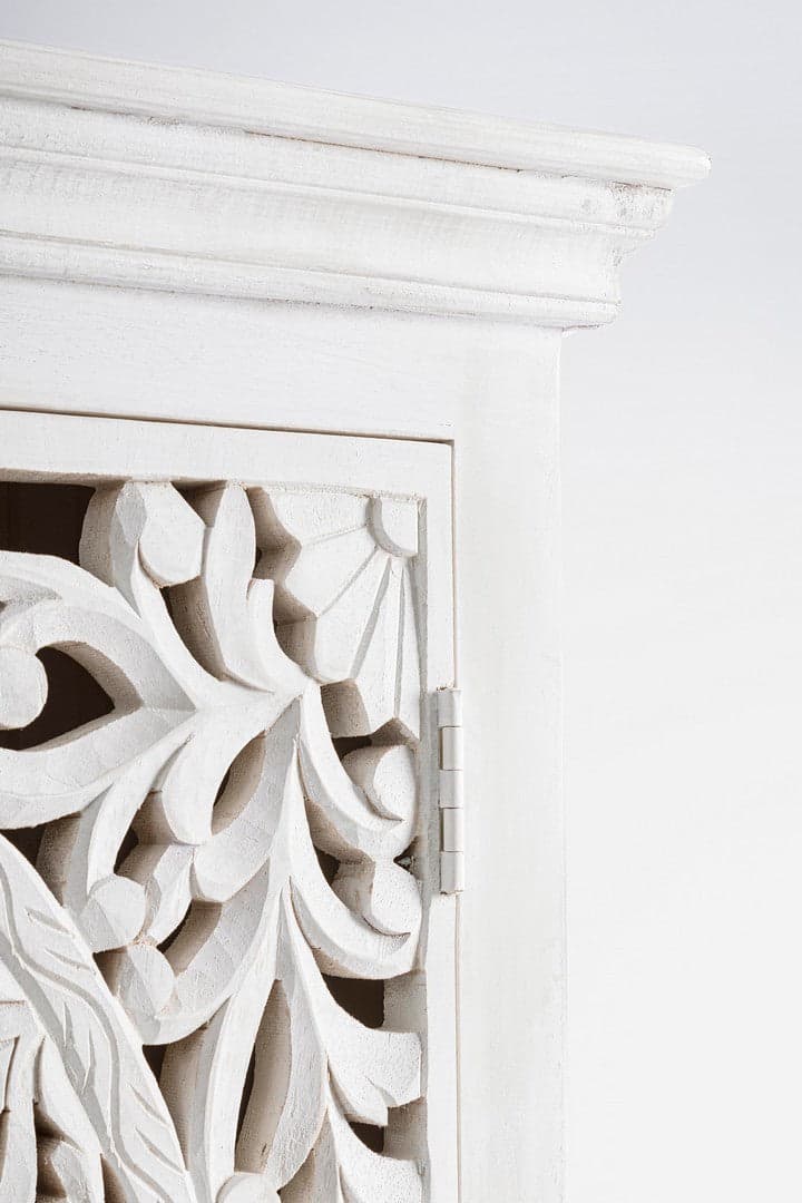 Credenza "Alinta" bianca, struttura in legno di mango, con ante intarsiate a mano, stile fusion - 5