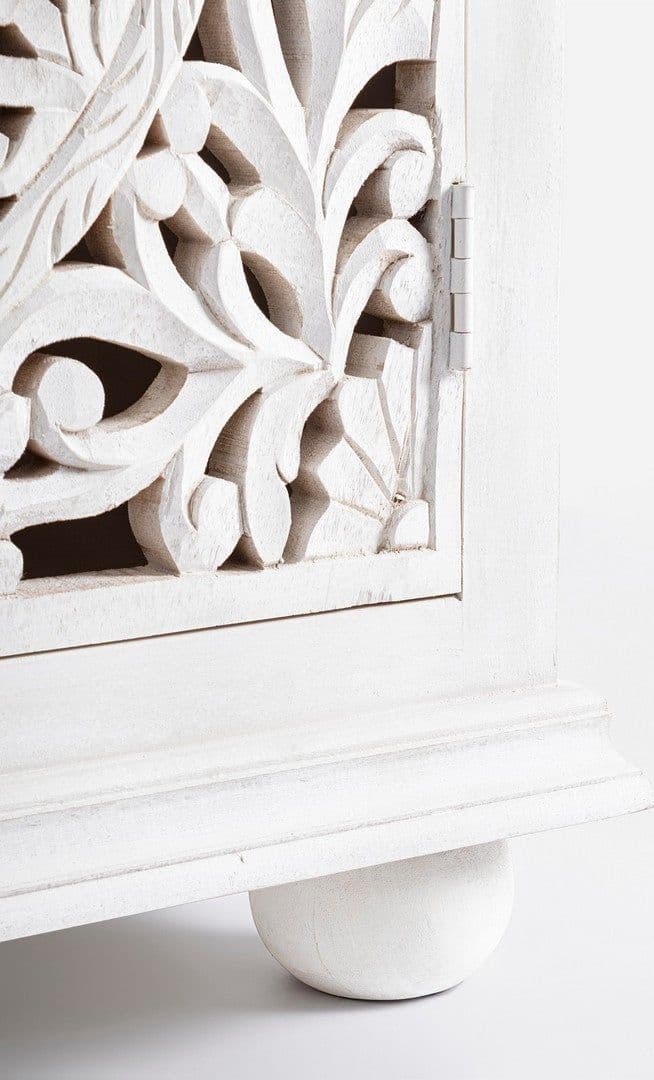 Credenza "Alinta" bianca, struttura in legno di mango, con ante intarsiate a mano, stile fusion - 6