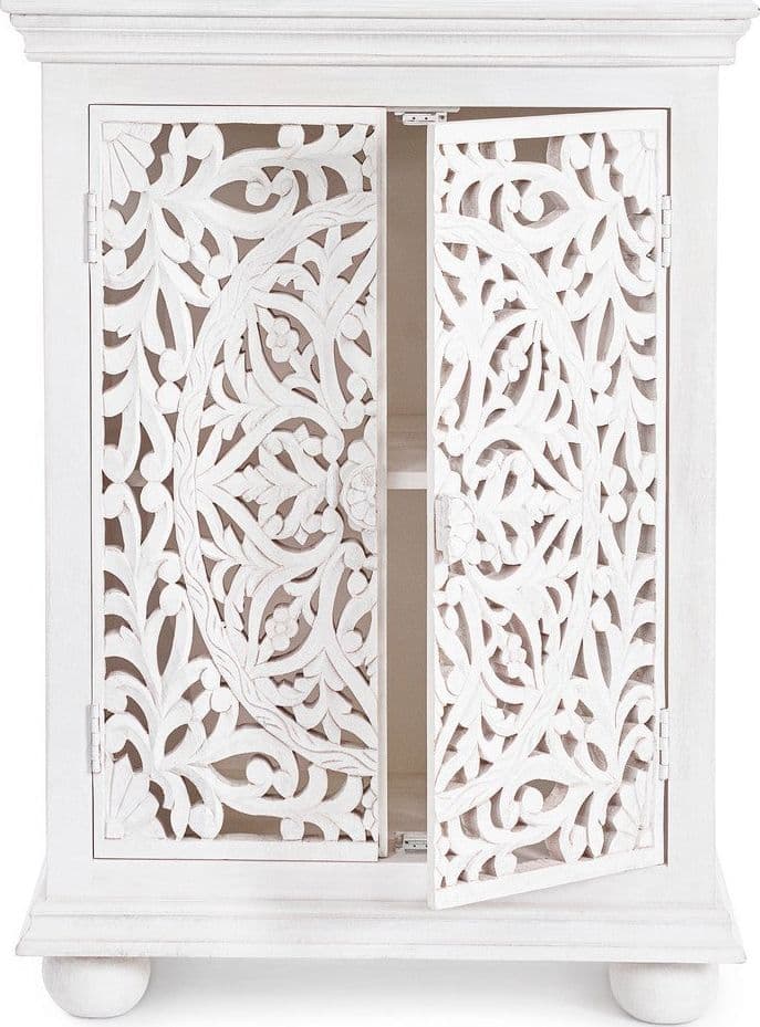 Credenza "Alinta" bianca, struttura in legno di mango, con ante intarsiate a mano, stile fusion - 8