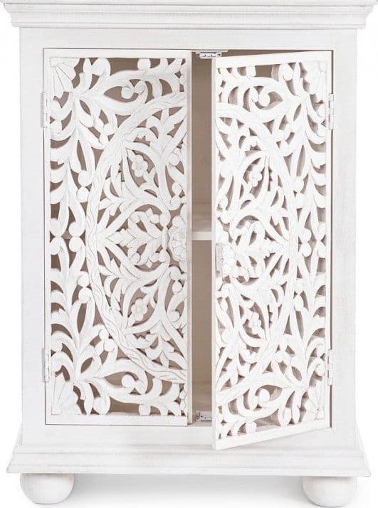 Credenza "Alinta" bianca, struttura in legno di mango, con ante intarsiate a mano, stile fusion - 10