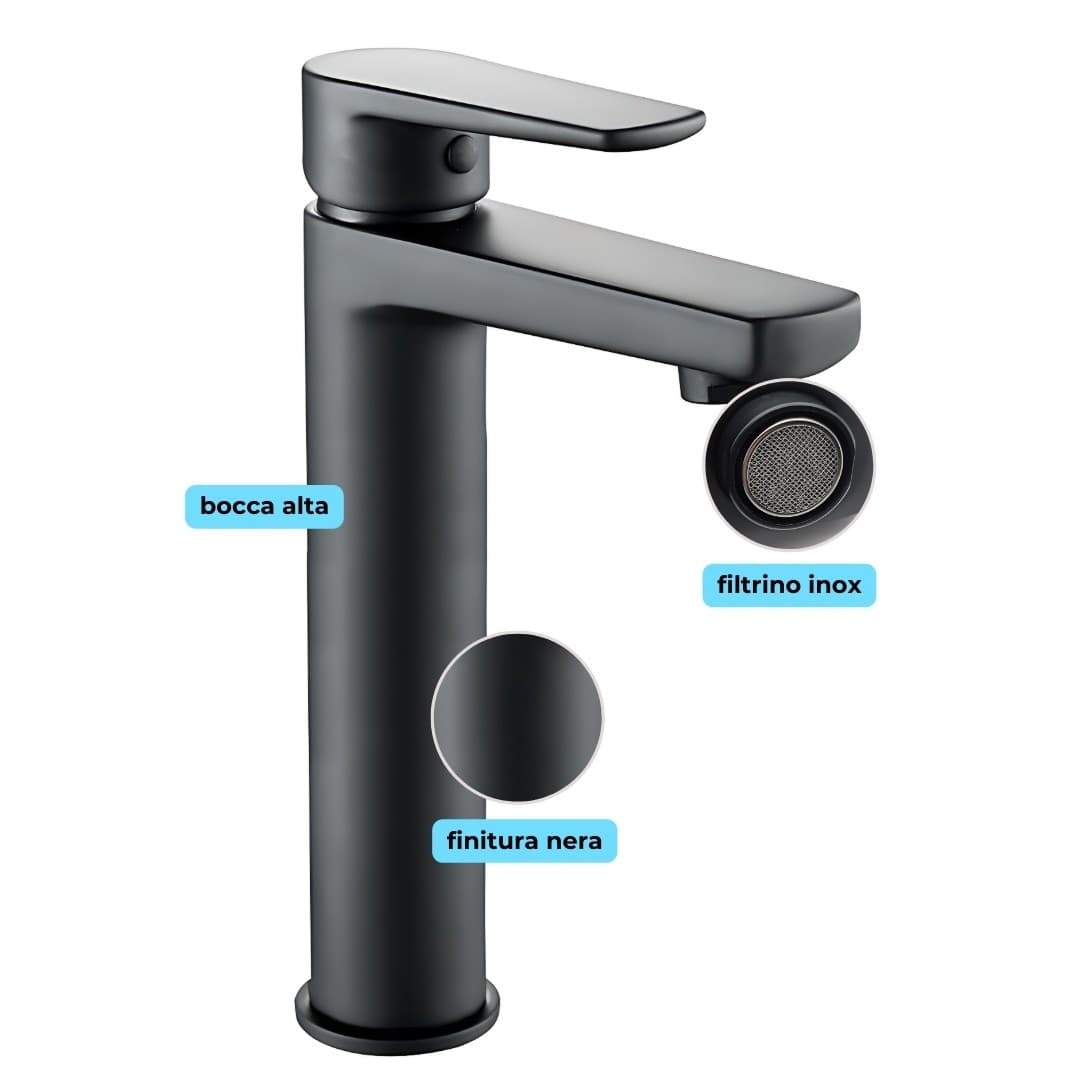 Miscelatore Rubinetto Africa per Lavabo con Bocca Alta Ottone Nero Opaco Bagno - 3