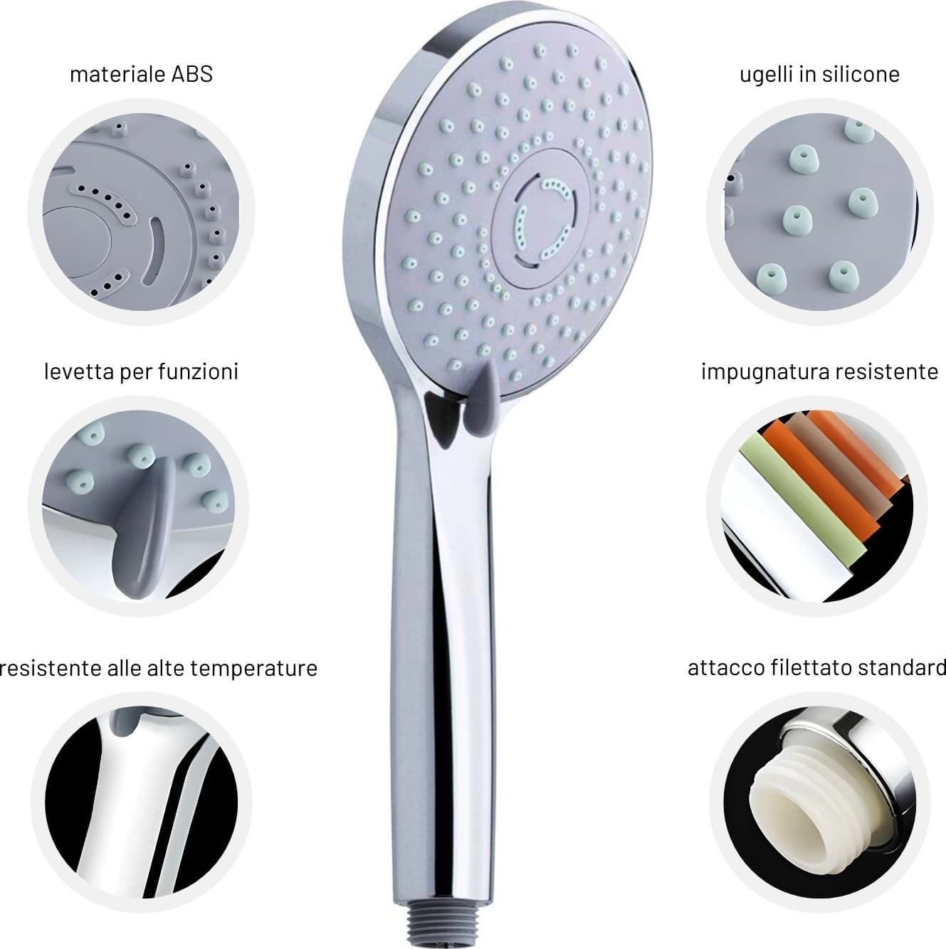 Doccetta 5 Funzioni Multigetto Anticalcare Abs Cromato + Tubo Flessibile  Acciaio Inox Estensibile cm 150 Doccia - 5