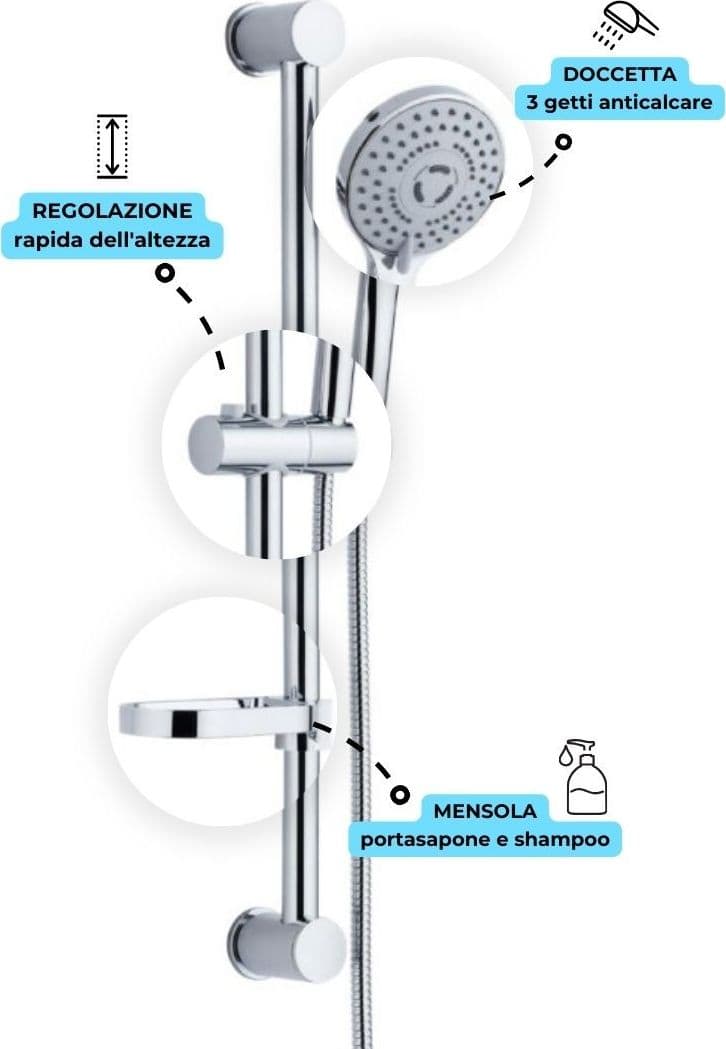 Asta Doccia Saliscendi 006 Completo Doccetta 3 Funzioni Multigetto H 65 CM - 5