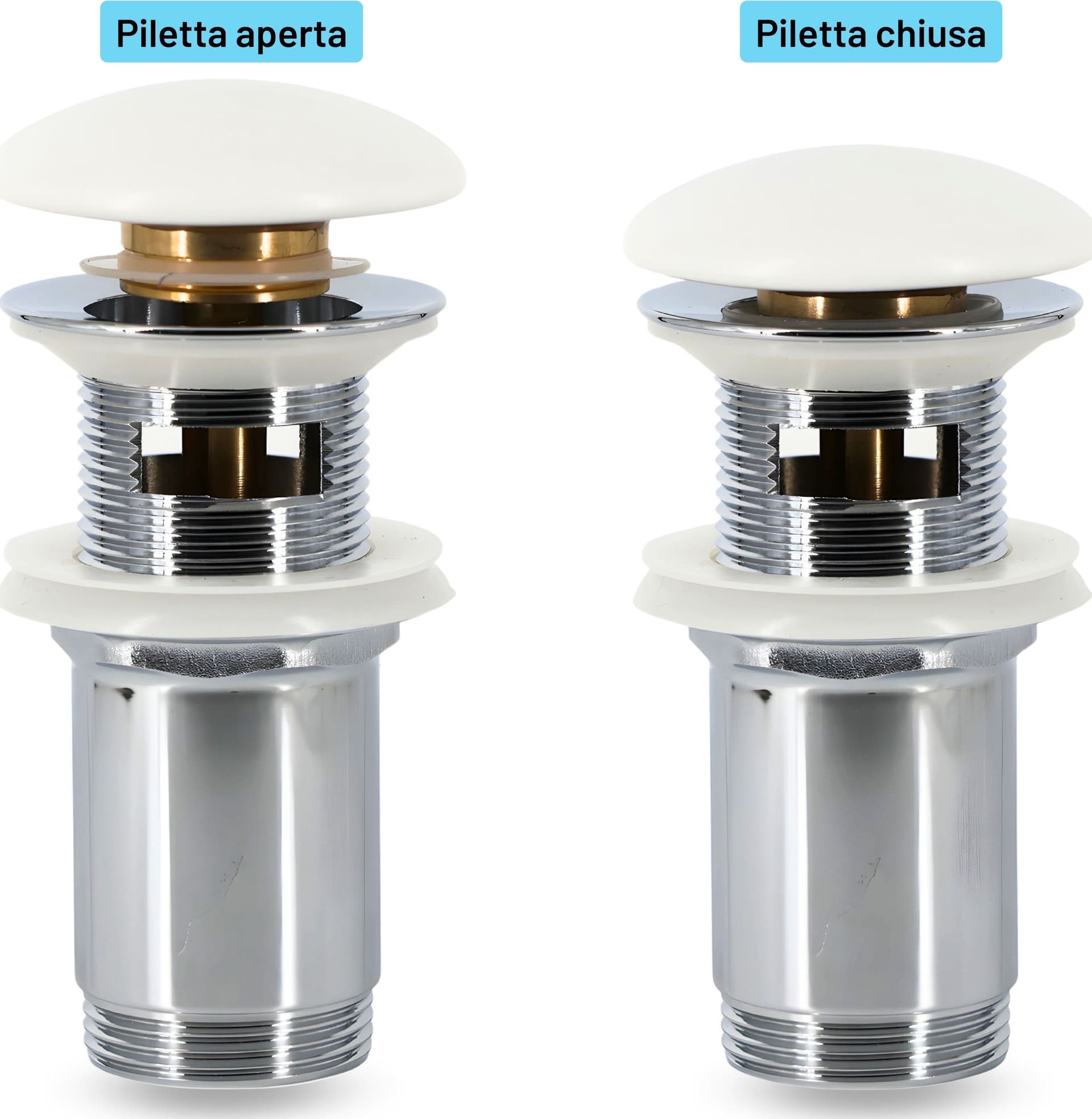 Piletta click clack 1.1/4 in Ottone Cromato Ceramica Bianca per Lavabo Bagno - 11