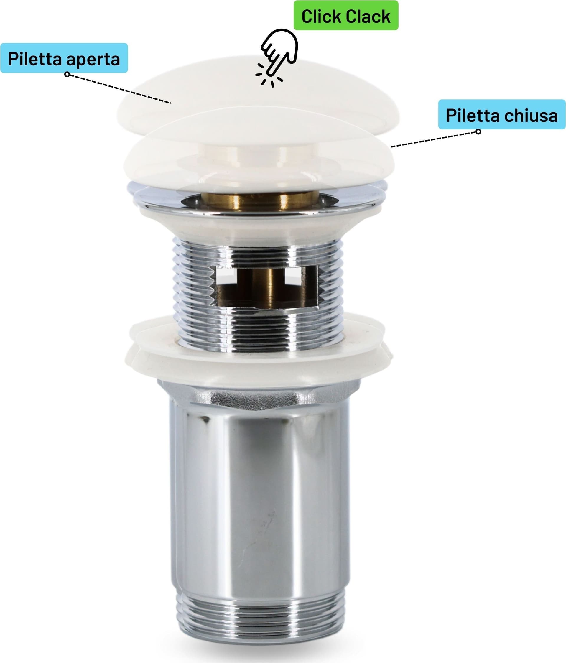 Piletta click clack 1.1/4 in Ottone Cromato Ceramica Bianca per Lavabo Bagno - 3