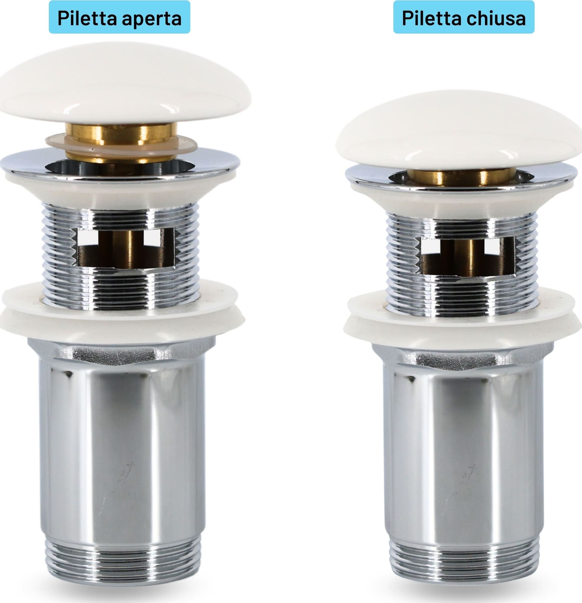 Piletta click clack 1.1/4 in Ottone Cromato Ceramica Bianca per Lavabo Bagno - 4