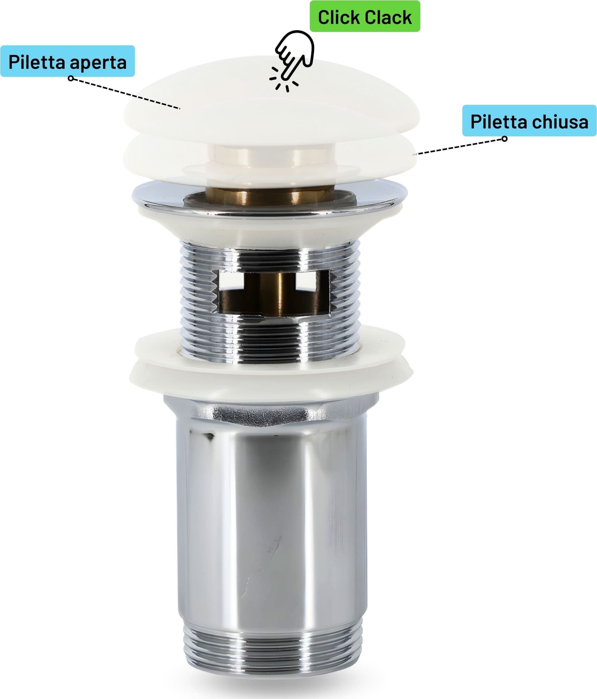 Piletta click clack 1.1/4 in Ottone Cromato Ceramica Bianca per Lavabo Bagno - 9
