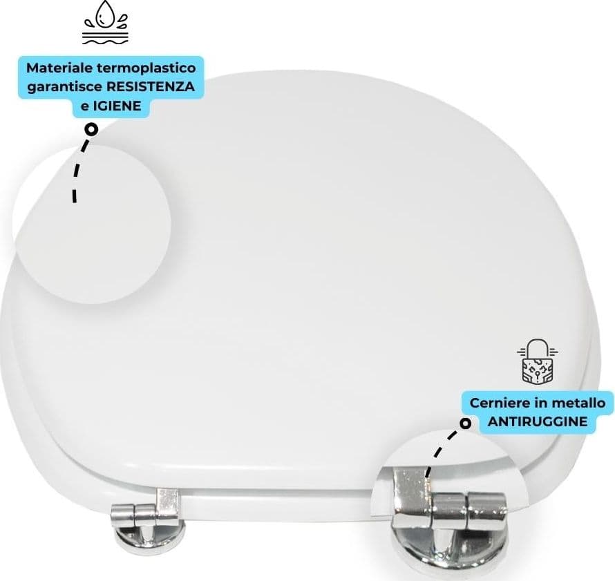 Sedile Wc Copri Water Tavoletta Vaso Universale Bianco MDF Legno Pesante Cerniere Metallo Bagno - 4