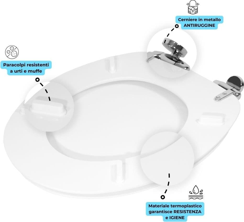 Sedile Wc Copri Water Universale Frizionato Bianco MDF Chiusura Rallentata - 5
