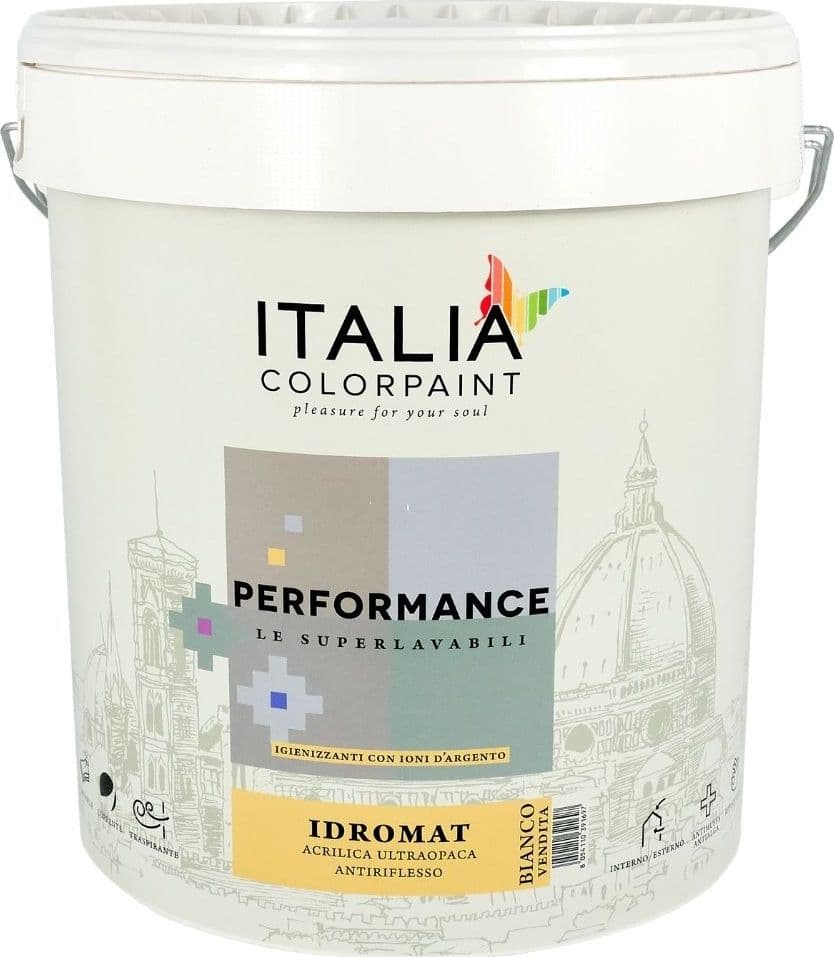 Idromat Idropittura Acrilica Opaca Superlavabile Performance Ioni di Argento – 1 pz., Litri 13, Bianco – Italia Colorpaint –