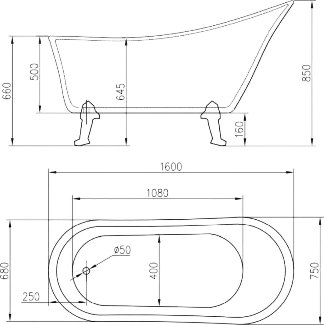 Vasca Da Bagno Free Standing Ovale con Piedini Bianco Lucido 160 x 75 x 84cm - 6