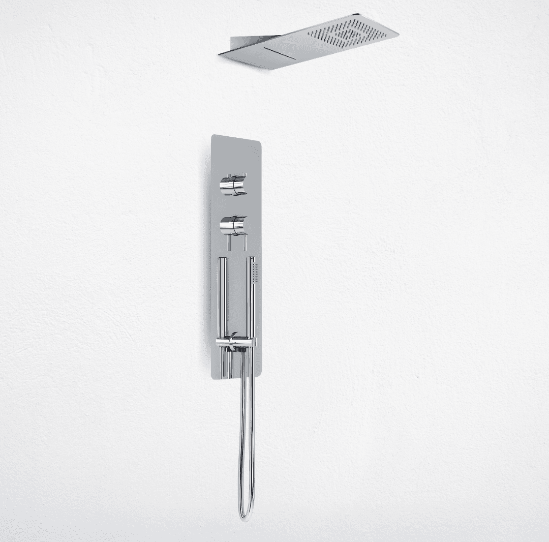 Wall Kit A Parete Da Incasso A Muro Acciaio Inox + Soffione Doccia a Parete Acciaio Inox Punta Quadrata Con Cascata - 2