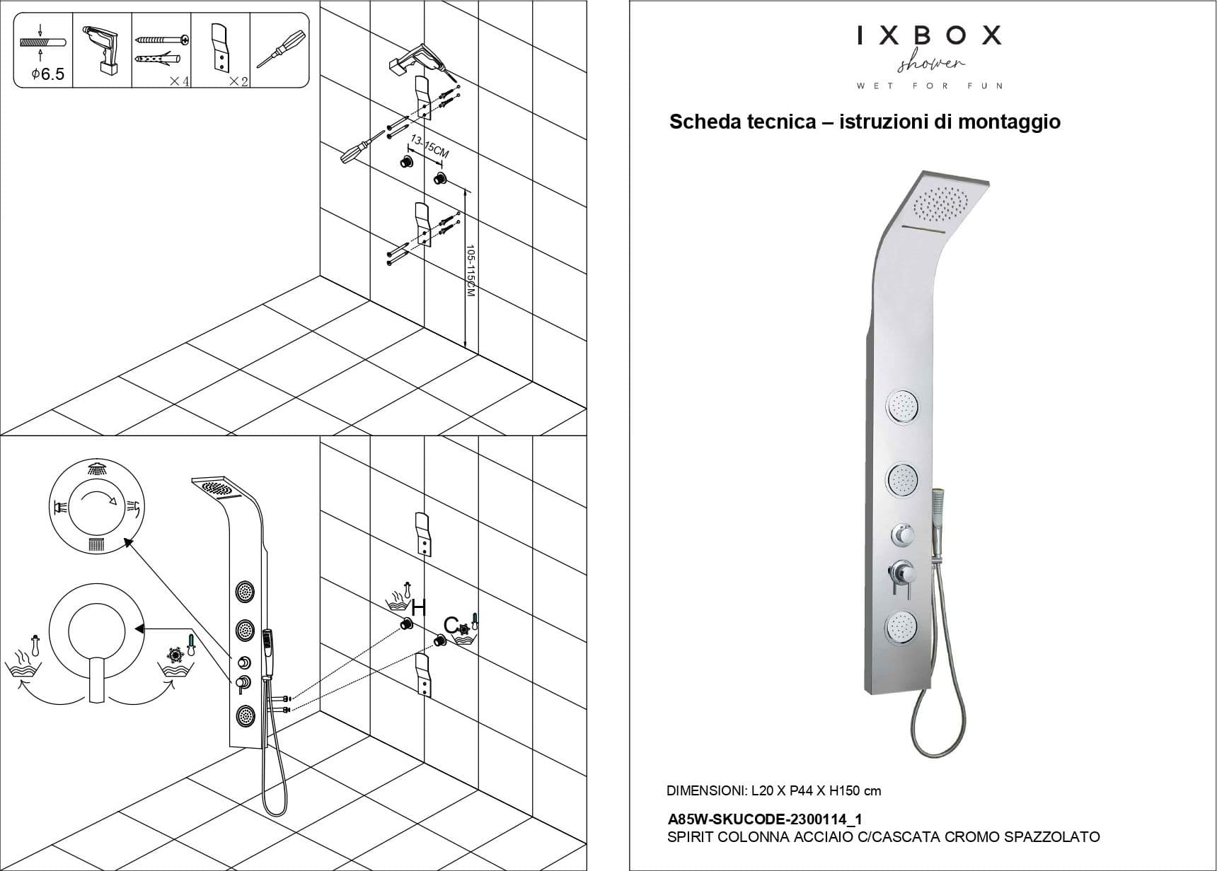 Colonna Doccia Joy Acciaio Inox 3 Getti Idro e Cascata Arredamento H150xL20xP44 - 9