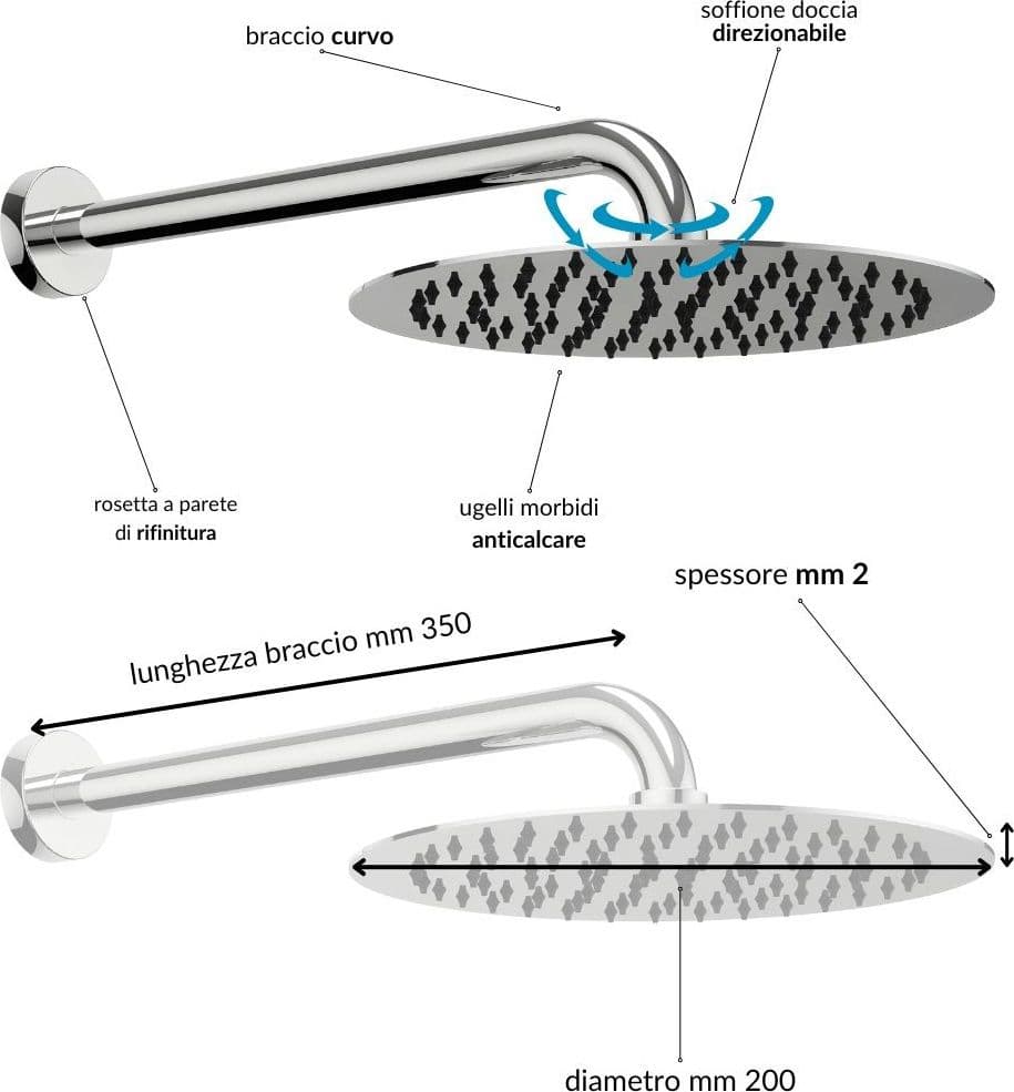 Kit Doccia Tondo Completo di Soffione Doccetta e Miscelatore con Deviatore Hope - 4