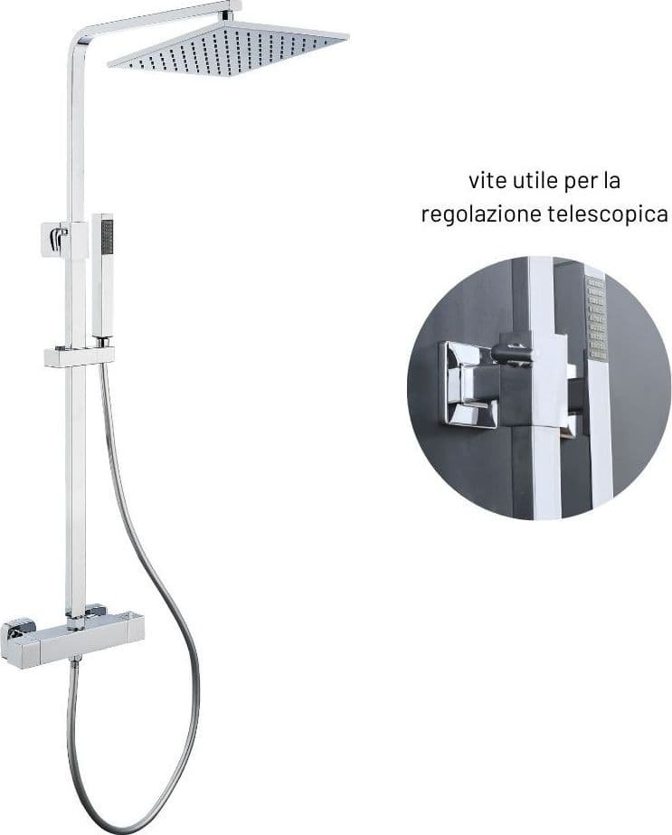 Colonna Doccia Attrezzata Ottone Cromato Soffione Quadro Doccetta Rubinetto Termostatico Ogomondo - 3