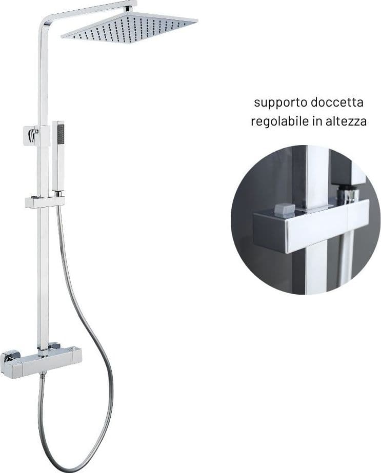 Colonna Doccia Attrezzata Ottone Cromato Soffione Quadro Doccetta Rubinetto Termostatico Ogomondo - 4