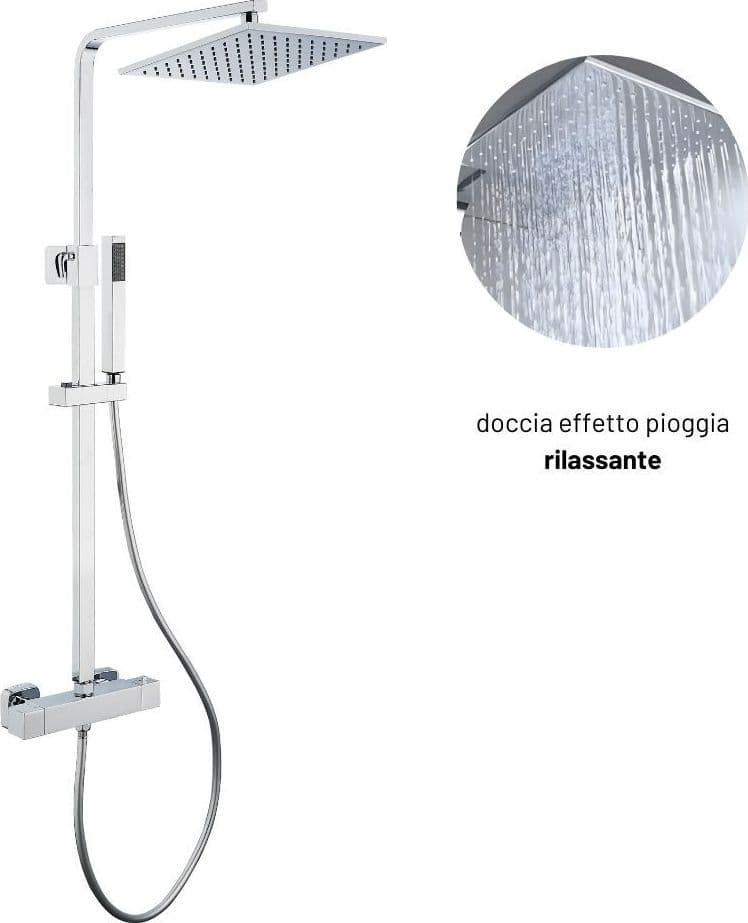 Colonna Doccia Attrezzata Ottone Cromato Soffione Quadro Doccetta Rubinetto Termostatico Ogomondo - 5