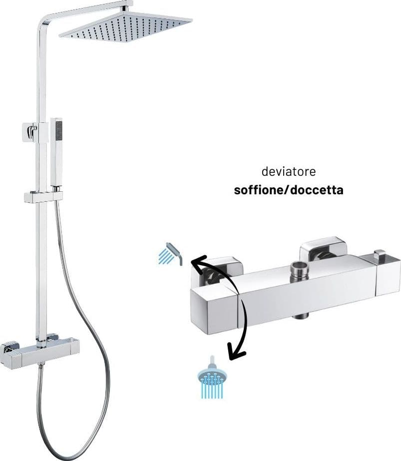 Colonna Doccia Attrezzata Ottone Cromato Soffione Quadro Doccetta Rubinetto Termostatico Ogomondo - 6