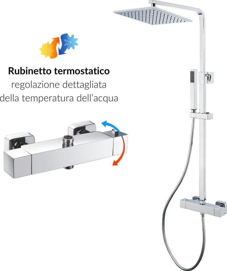 Colonna Doccia Attrezzata Ottone Cromato Soffione Quadro Doccetta Rubinetto Termostatico Ogomondo - 7
