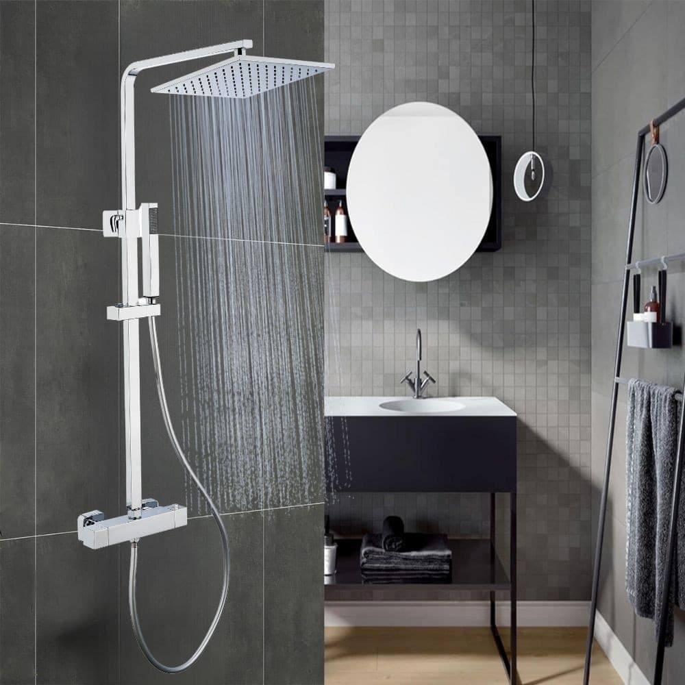 Colonna Doccia Attrezzata Ottone Cromato Soffione Quadro Doccetta Rubinetto Termostatico Ogomondo - 8