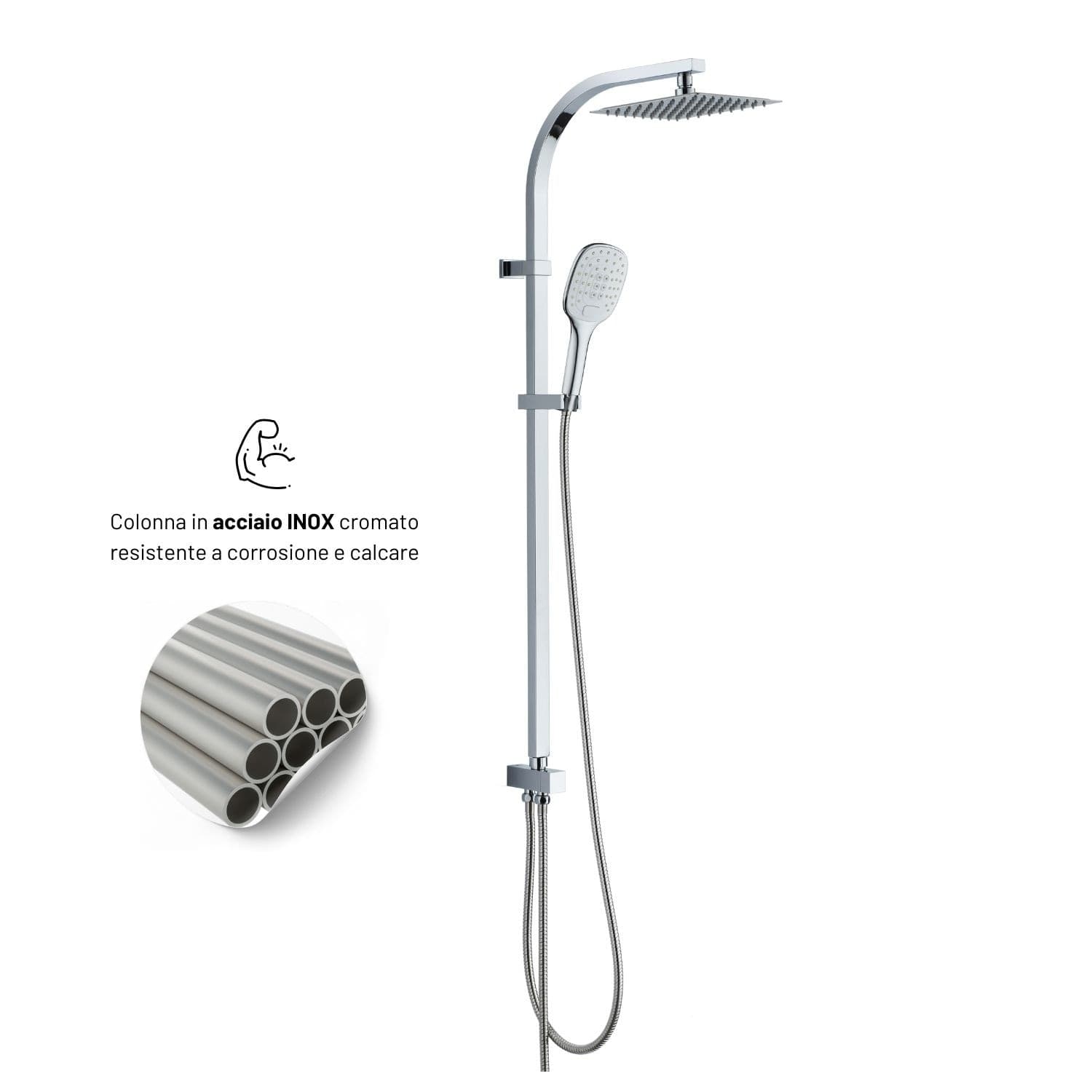 Colonna Doccia Attrezzata Sky Acciaio Inox Cromato Soffione Quadro Doccetta - 6