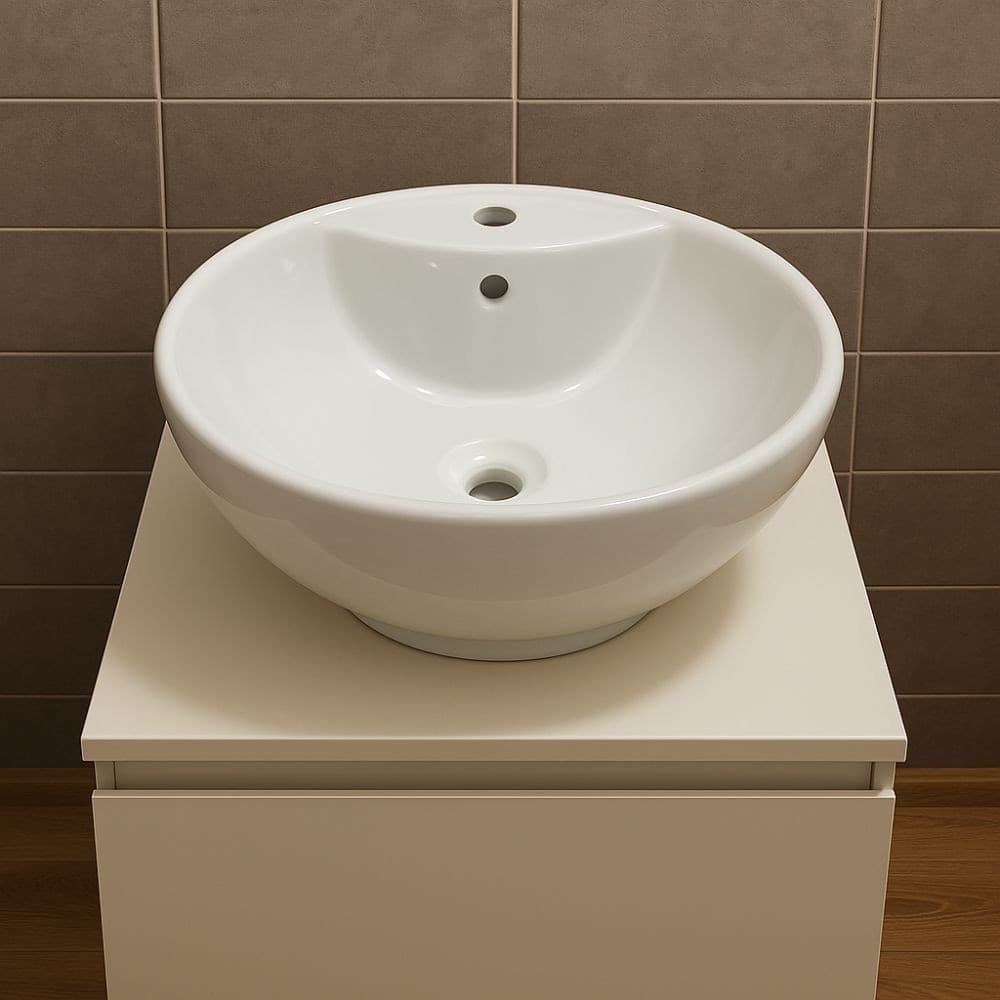 Lavabo D'appoggio Ceramica Bianco Tondo Lavandino Arredo Bagno cm 46x46x17 - 3