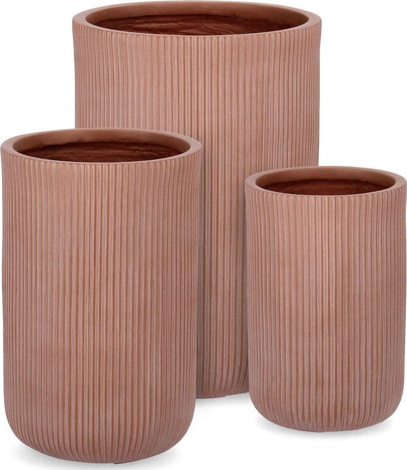 Set di 3 vasi "Ribbed", color terracotta, in fibra di vetro e argilla colorata, da esterno Giardino e giardinaggio/Attrezzi da giardino e attrezzature per l'irrigazione/Vasi e accessori per piante/Vasi tradizionali Decor Space - Altamura, Commerciovirtuoso.it