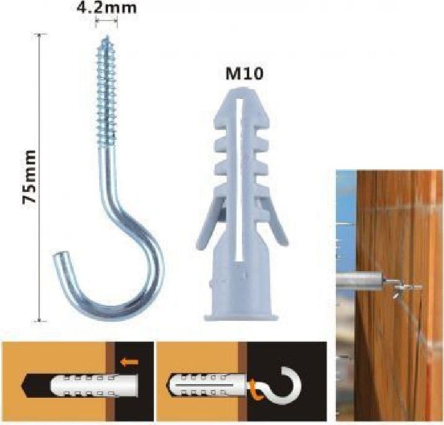 SET 4 PEZZI VITI VITE A GANCIO 4.2X75MM + TASSELLI CON ALETTE TASSELLO M10 90740 - 2