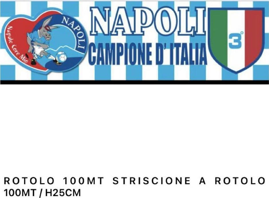 STRISCIONE BANDIERONE CALCIO NAPOLI FESTA TERZO SCUDETTO BIANCO AZZURRO 100 MT
