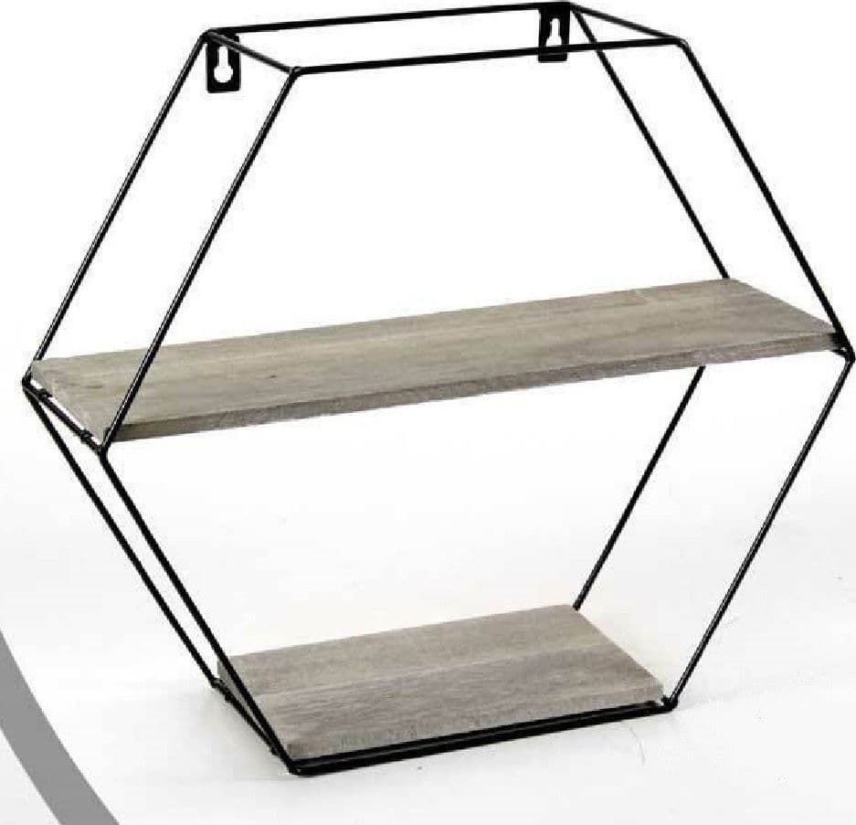 BACHECA PORTA OGGETTI METALLO ESAGONALE PARETE 2 MENSOLE LEGNO 38X11X35CM 751998 - 2