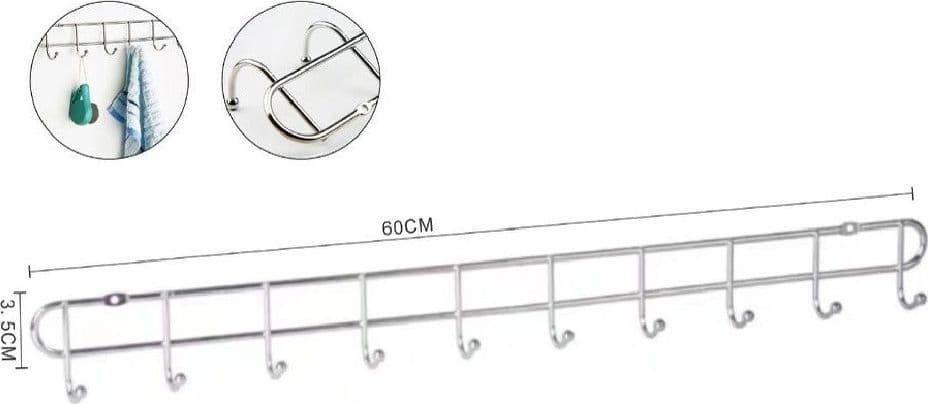 APPENDIABITI A 10 GANCI POSTI ATTACCAPANNI A PARETE 60X3,5 CM BAGNO CUCINA 58026 - 2