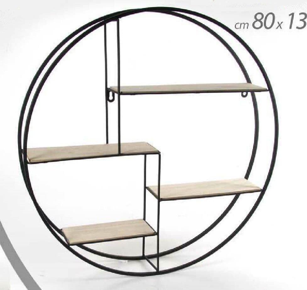 BACHECA PORTA OGGETTI IN METALLO TONDA PARETE MENSOLE LEGNO 80X13CM NERO 763601 - 3