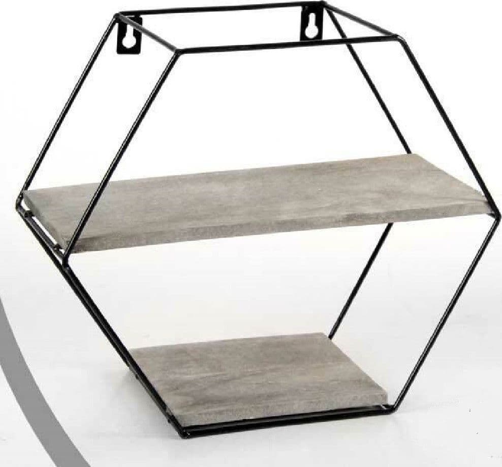 BACHECA PORTA OGGETTI METALLO ESAGONALE PARETE 2 MENSOLE LEGNO 29X11X25CM 751981 - 2